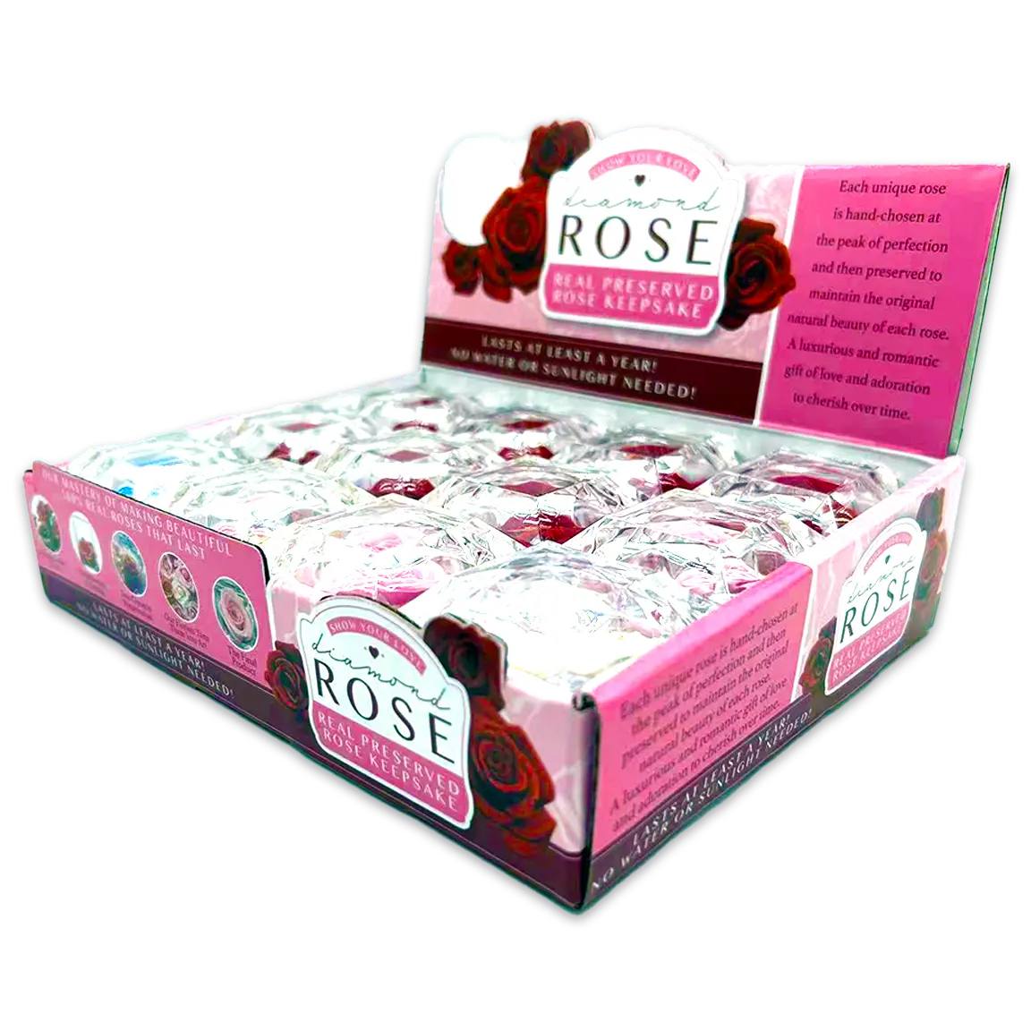 25074 Diamond Real Preserved Rose Keepsake, 12 Piece per Retail Ready Display