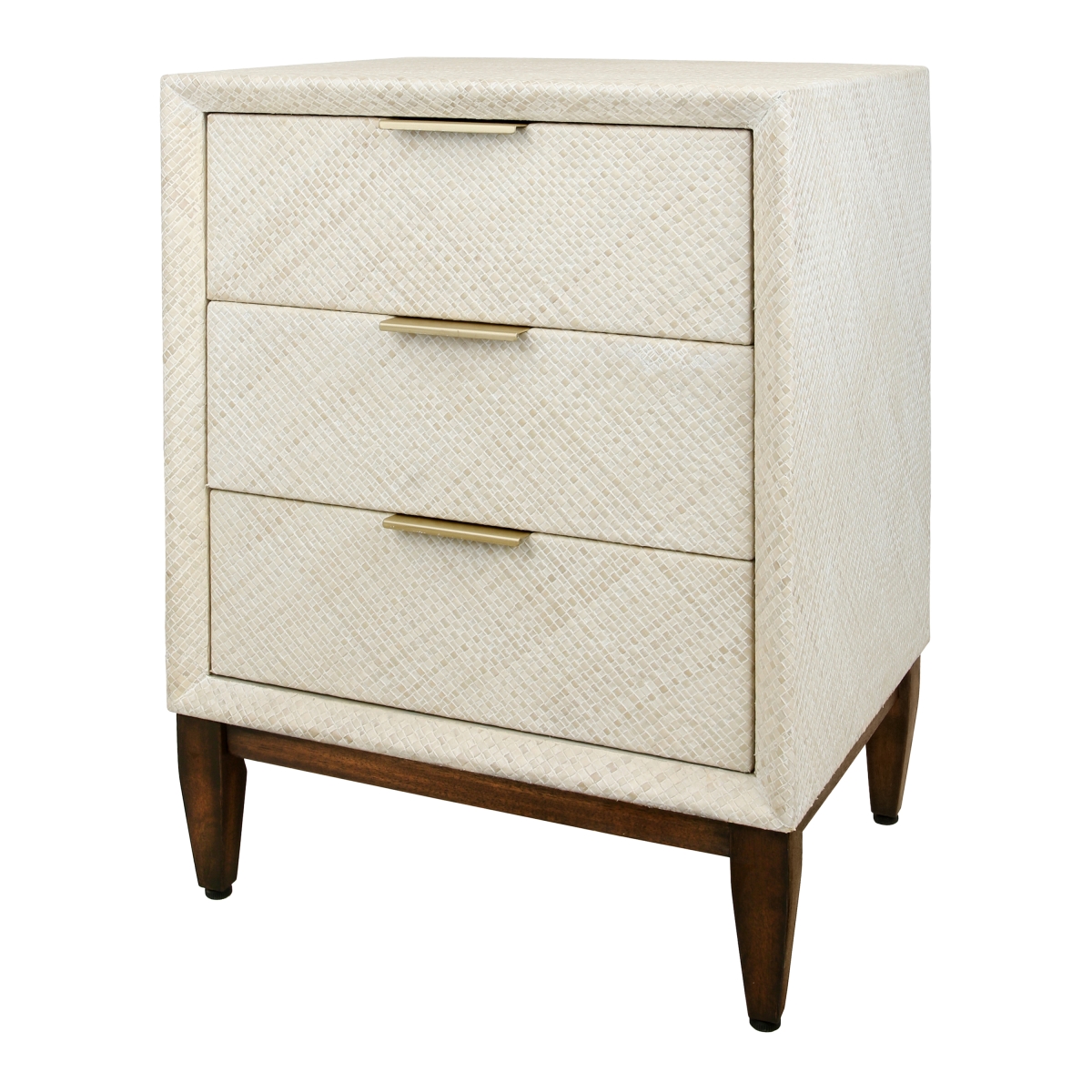 Pacific Direct 1270024 18 x 15 x 24 in. Brinley Nightstand & Side Table with 3 Drawers & Walnut Legs, Whitewash