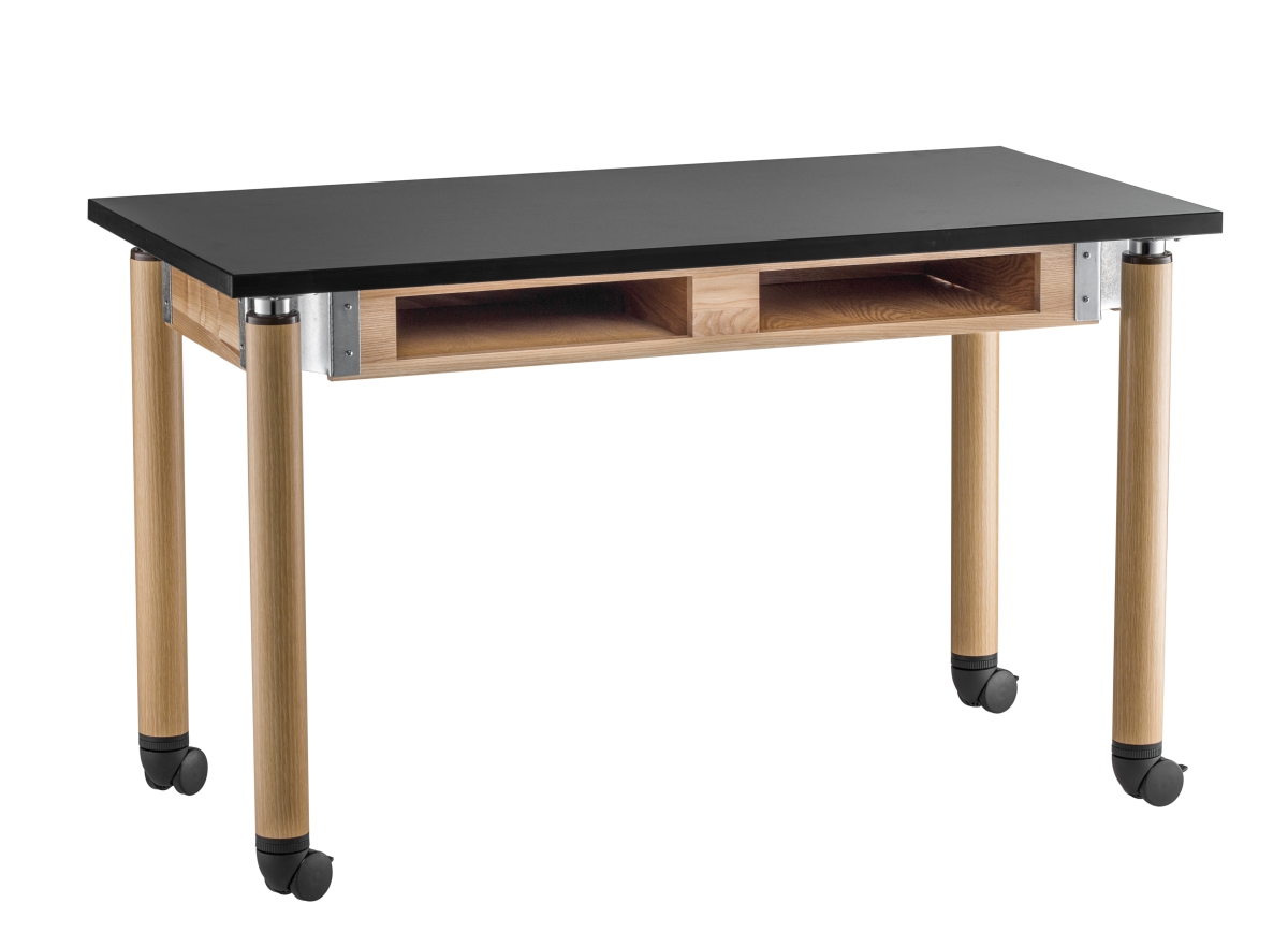 Picture of National Public Seating SLT2448AH-OK-BC-CAST 24 x 48 in. Chemical Resistant Top with Book Compartments Science Table in Oak Legs & Casters