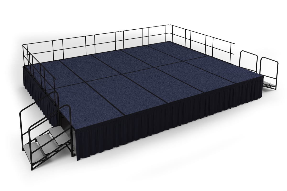 16 x 20 ft. Blue Carpet Stage with Black Shirred Pleat Skirting - 32 in. Height