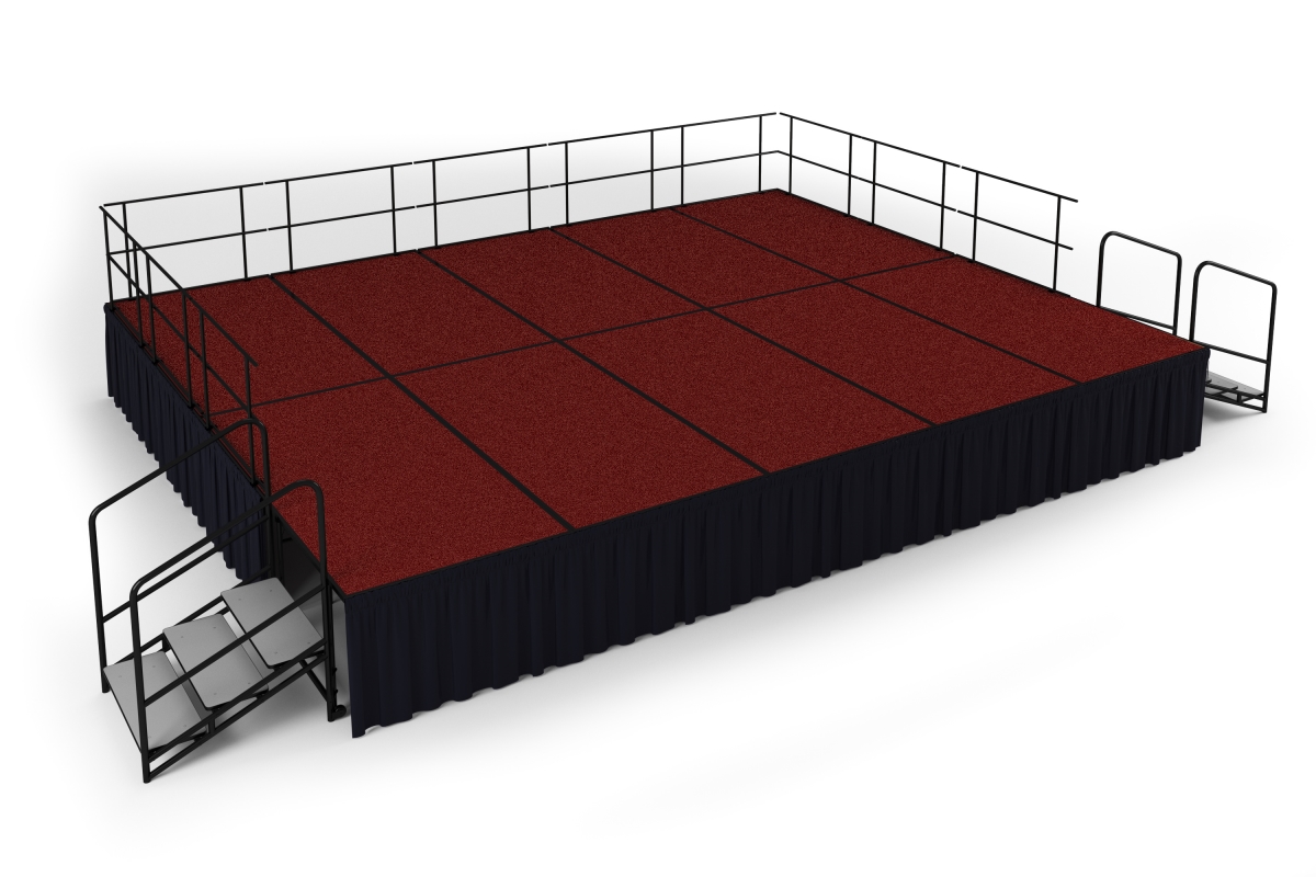 16 x 20 ft. Red Carpet Stage with Black Shirred Pleat Skirting - 32 in. Height