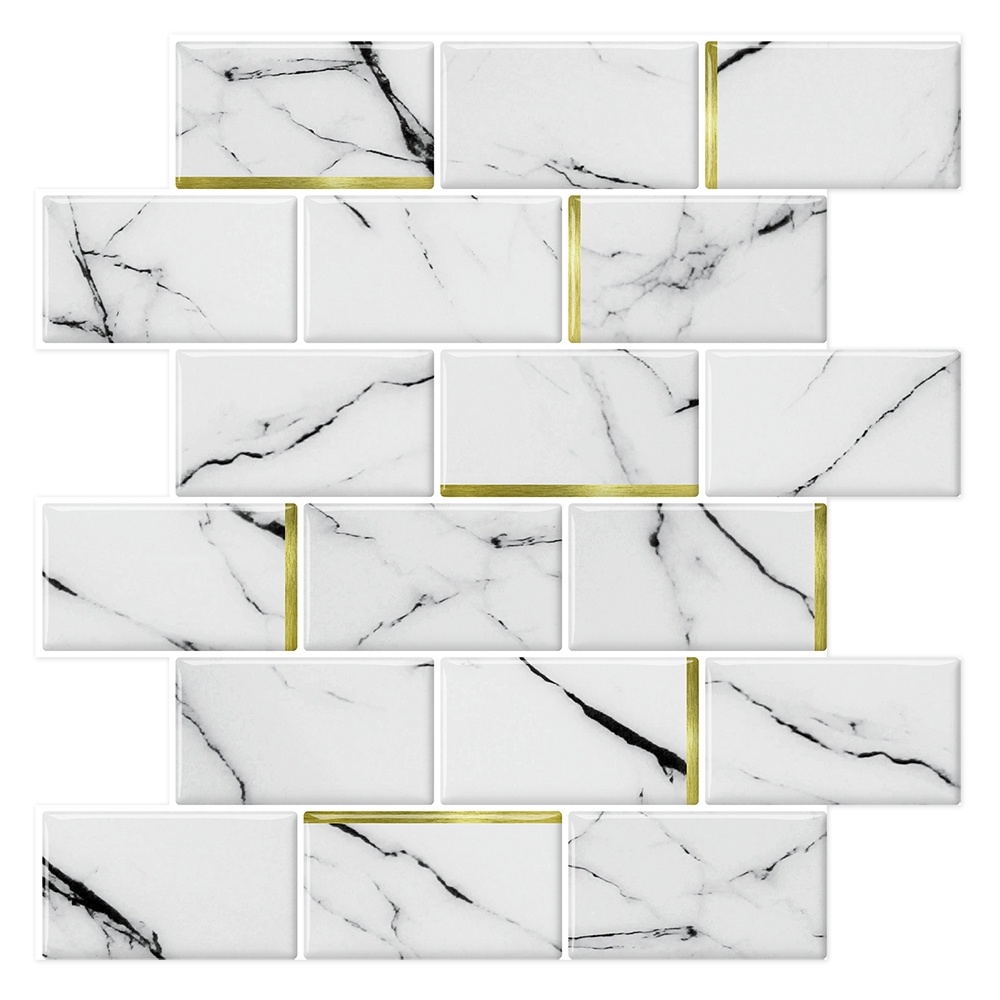 41005  Peel & Stick Backsplash, (8) 12x12-inch Sheet Covers 8 Sq Ft, White Marble Subway Back Splash Tile Gold Accent