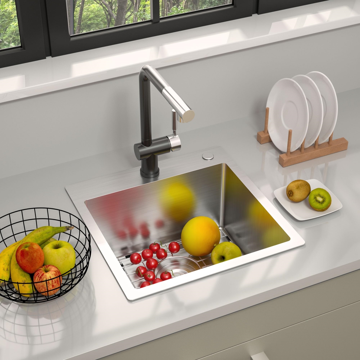 Picture of WELLFE MSJ1818R9 RV Kitchen Sink, 18-in 16-Gauge Stainless Steel Topmount Single Bowl Bar/Prep Sink (9-in Deep)