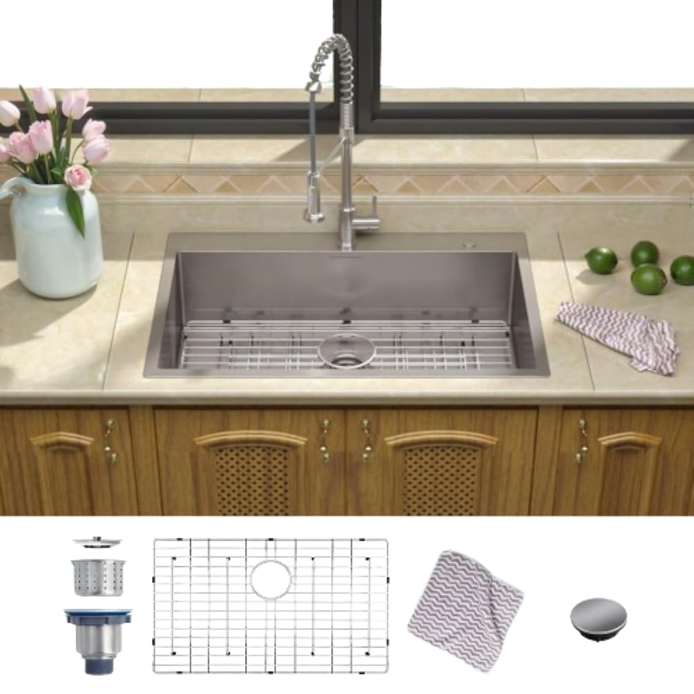 Picture of WELLFE MSJ3322R9M RV Kitchen Sink, 33 X 22 Inch Topmount Kitchen Sink, 304 Stainless Steel Drop in Sink,Large Single Sink with 9-inch Depth