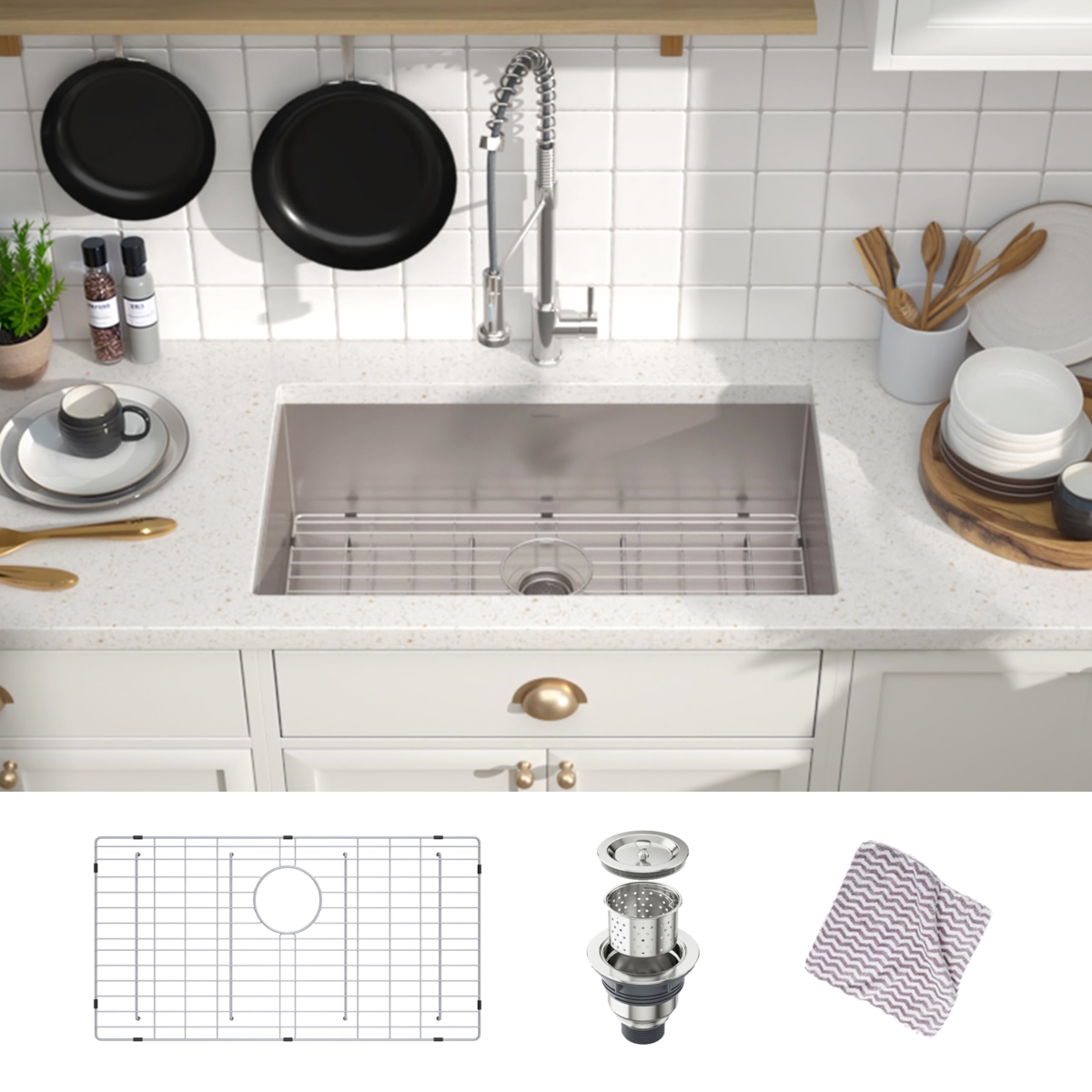 Picture of WELLFE MSJ3219R10M RV Kitchen Sink, 32 x 19 Undermount Single Bowl 304 Stainless Steel Kitchen Sink with 10-Inch Deep Basin