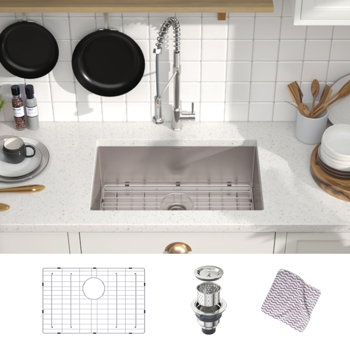 Picture of WELLFE MSJ2718R9M RV Kitchen Sink, 27 x 18 Inch Undermount Single Bowl 16-Gauge 304 Stainless Steel Kitchen Sink with Deep Basin