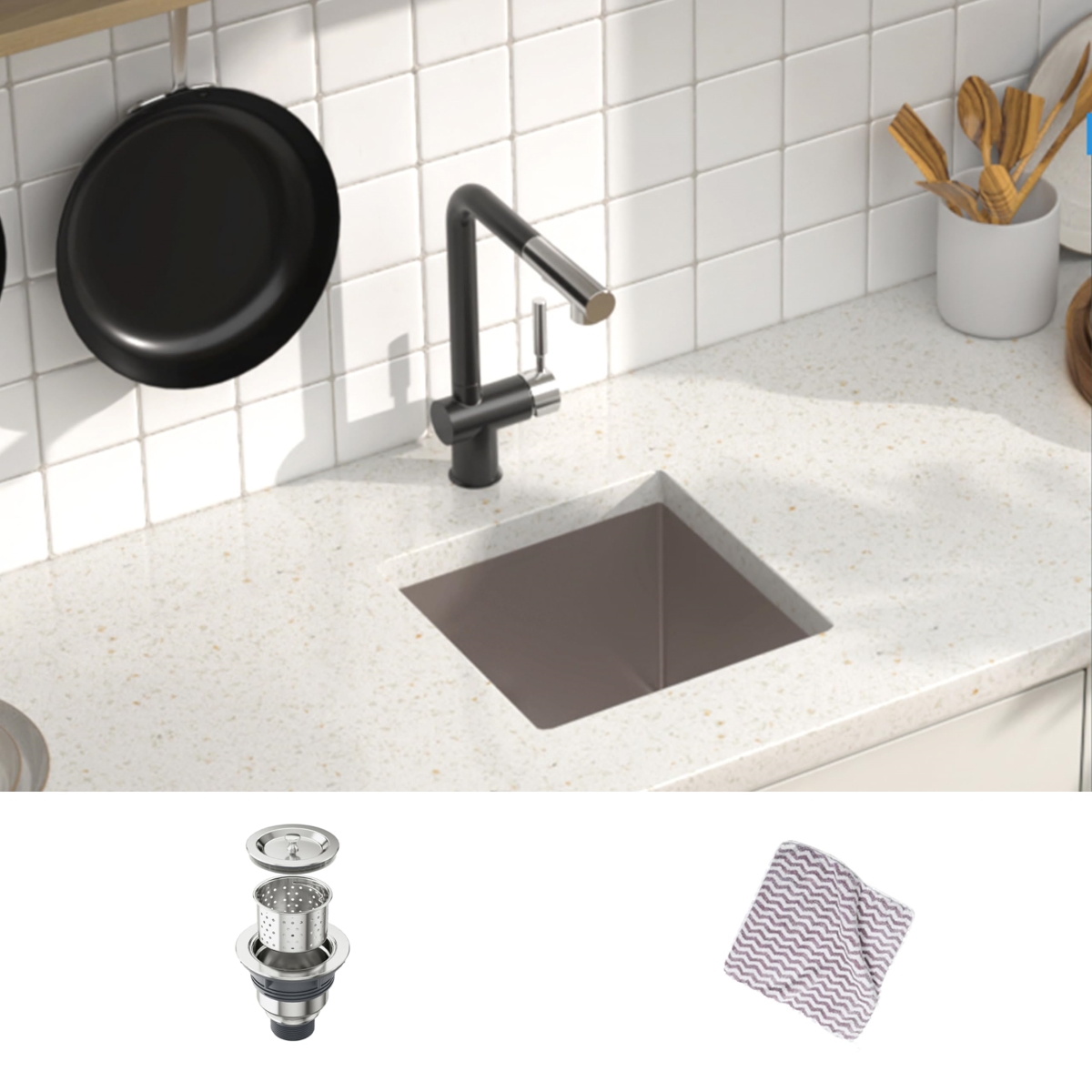 Picture of WELLFE MSJ1414R9M RV Kitchen Sink, 14in x 14in Undermount Single Bowl 16-Gauge Stainless Steel Bar and Kitchen Sink