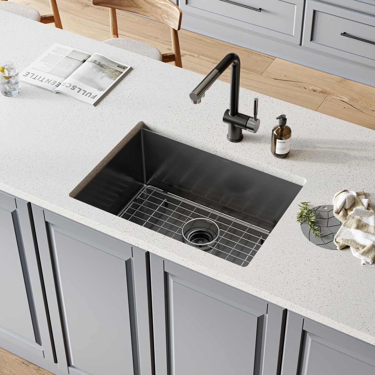 Picture of WELLFE MSJ2518R10NH RV Kitchen Sink, 25 x 18 Inch Undermount Kitchen Sink  Gloss Black NanoTek Ceramic Coated, 16 Gauge 304 Stainless Steel Single Bowl for Kitchen, Bar, or Prep Use