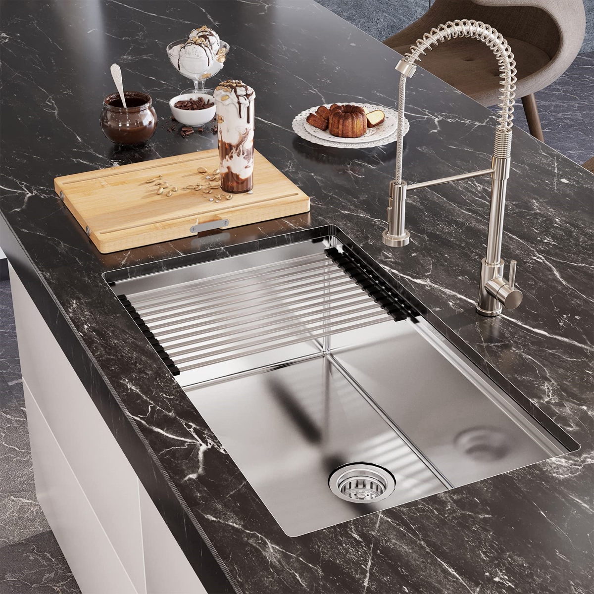 Picture of WELLFE MSJ3019R9M RV Kitchen Sink, 30 x 19 Inch Workstation Ledge Handmade Undermount Kitchen Sink SUS304 Stainless Steel 16 Gauge Single Bowl Sink