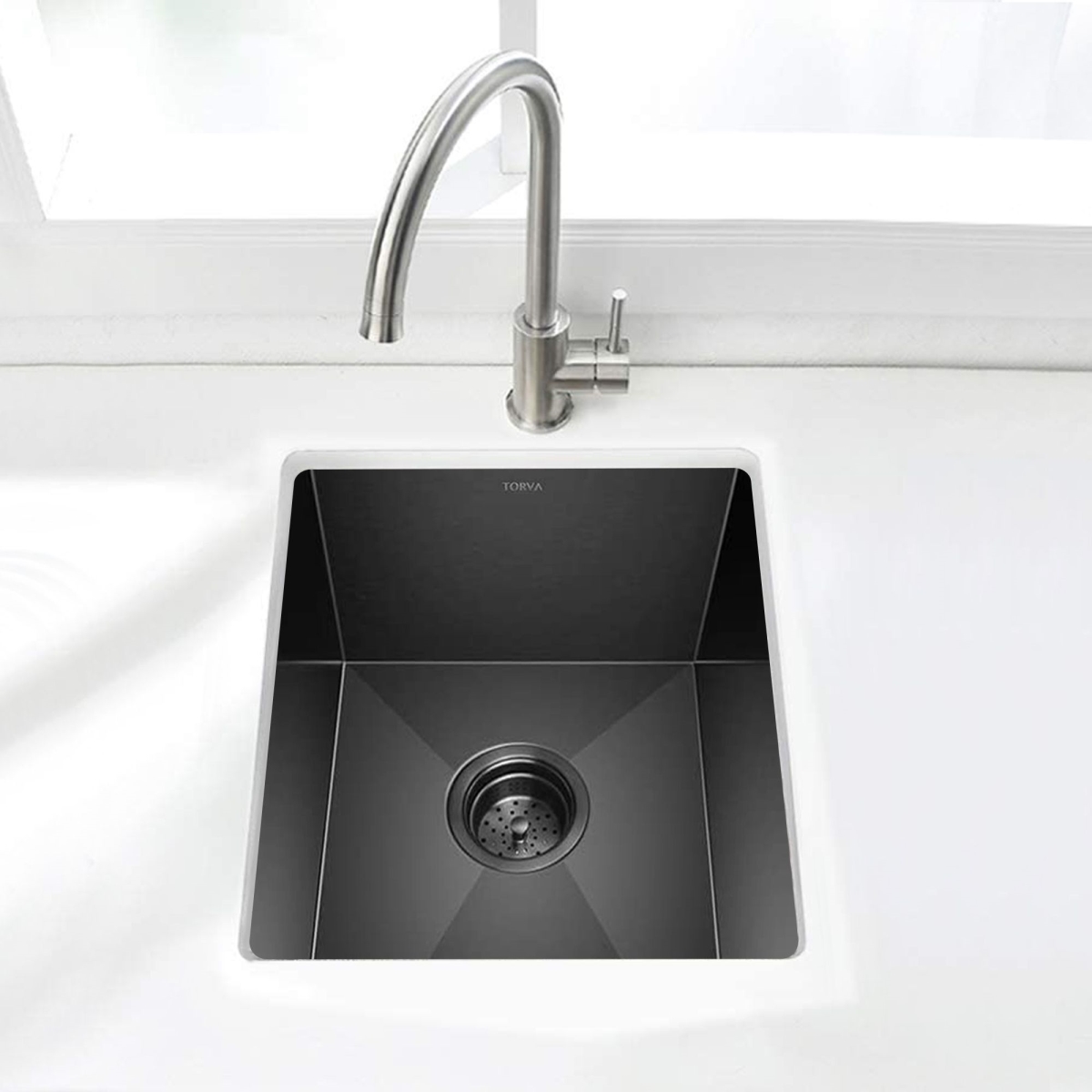 Picture of WELLFE MSJ1418SNH RV Kitchen Sink, 14 x 18 Inch Undermount Kitchen Sink  Gloss Black Ceramic Coated NanoTek Finish, 16 Gauge 304 Stainless Steel Single Bowl for Bar, Prep, or Kitchen Use