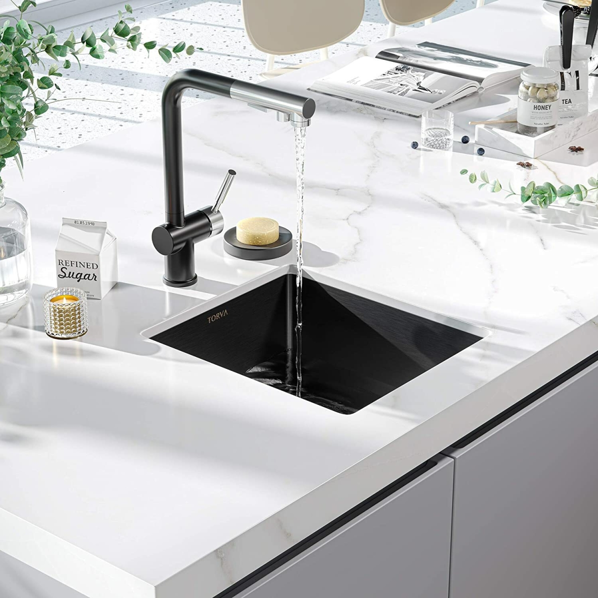 Picture of WELLFE MSJ1414R9NH RV Kitchen Sink, 14-in x 14-in Undermount Single Bowl Kitchen or Bar Sink, 16-Gauge T-304 Stainless Steel with Gloss Black NanoTek Ceramic Coating