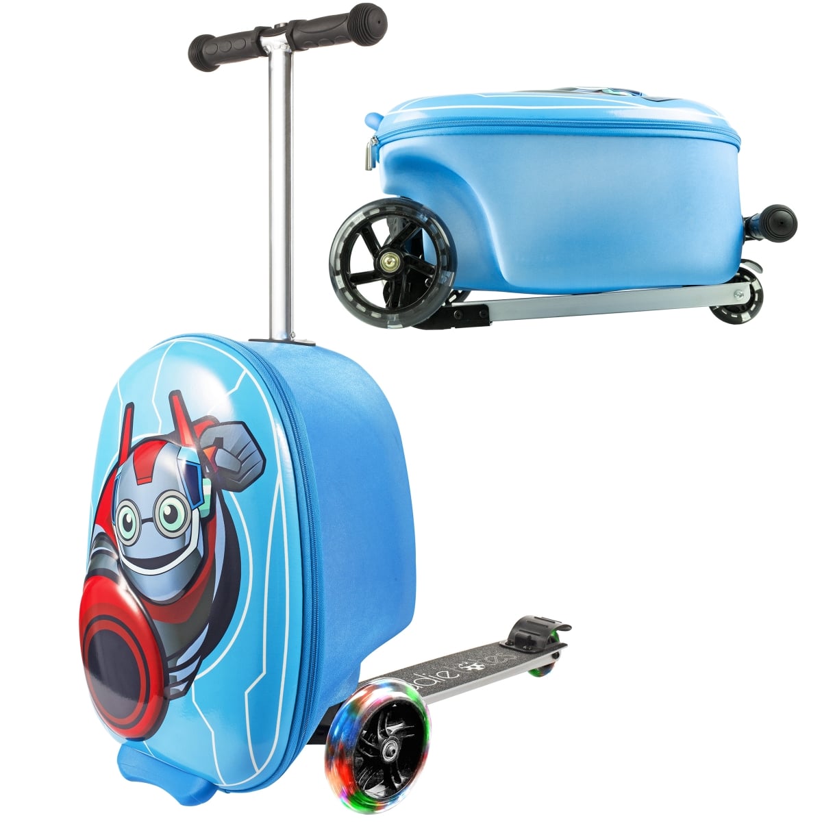 KT-SL11RBT  3-D Hardshell Kids Scooter Suitcase  LED Light-Up Wheels, Airline-Approved, Foldable & Durable (Robot)