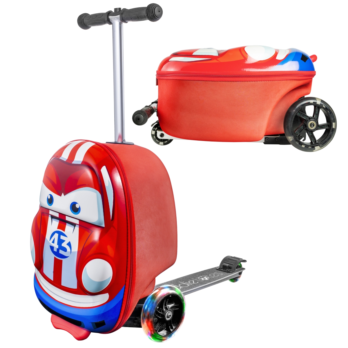 KT-SL12CAR  3-D Hardshell Kids Scooter Suitcase  LED Light-Up Wheels, Airline-Approved, Foldable & Durable (Race Car)