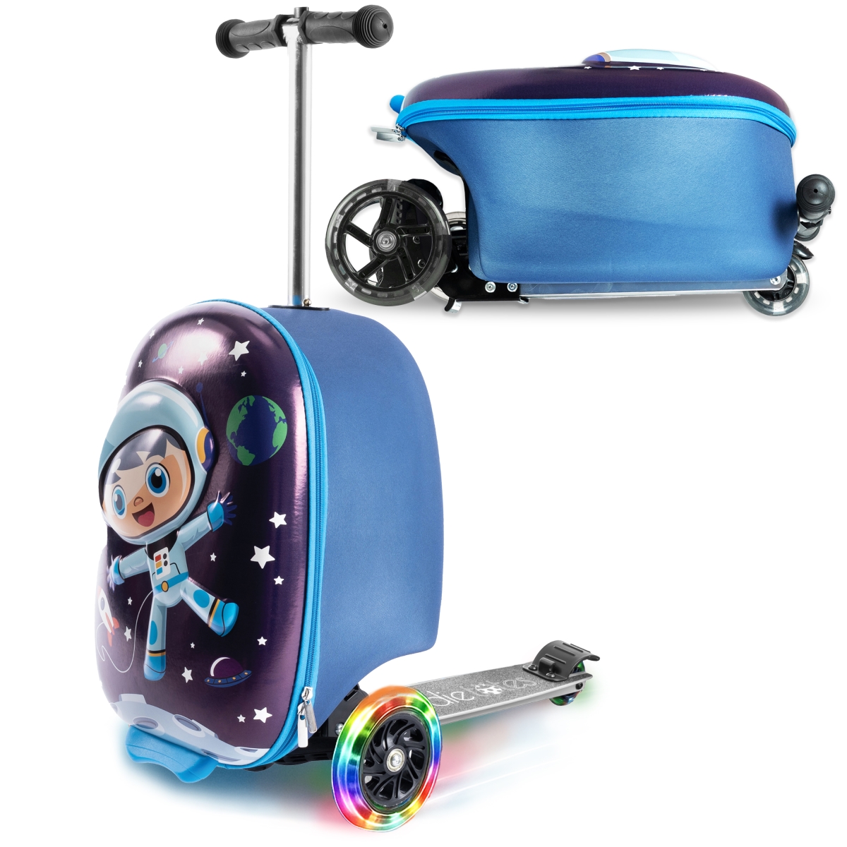 KT-SL08SPC  3-D Hardshell Kids Scooter Suitcase  LED Light-Up Wheels, Airline-Approved, Foldable & Durable (Space Boy)