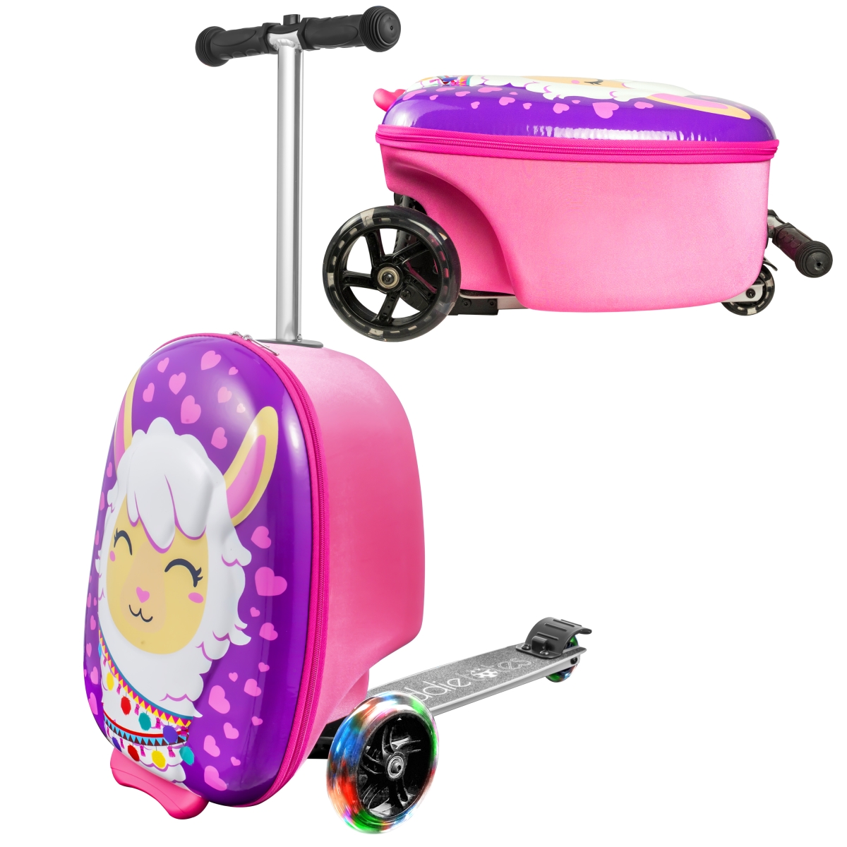 KT-SL10LMA  3-D Hardshell Kids Scooter Suitcase  LED Light-Up Wheels, Airline-Approved, Foldable & Durable (Llama)