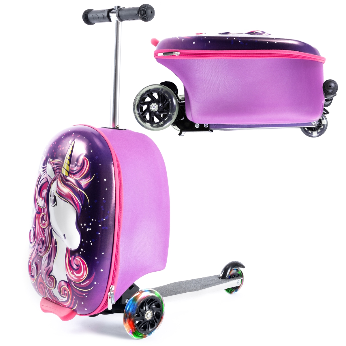 KT-SL03UNI  3-D Hardshell Kids Scooter Suitcase  LED Light-Up Wheels, Airline-Approved, Foldable & Durable (Unicorn)