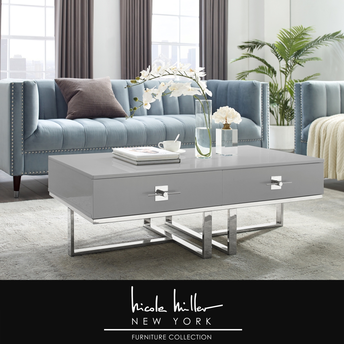 47.2 x 23.5 x 15.5 in. Mano Coffee Table, Light Grey & Chrome