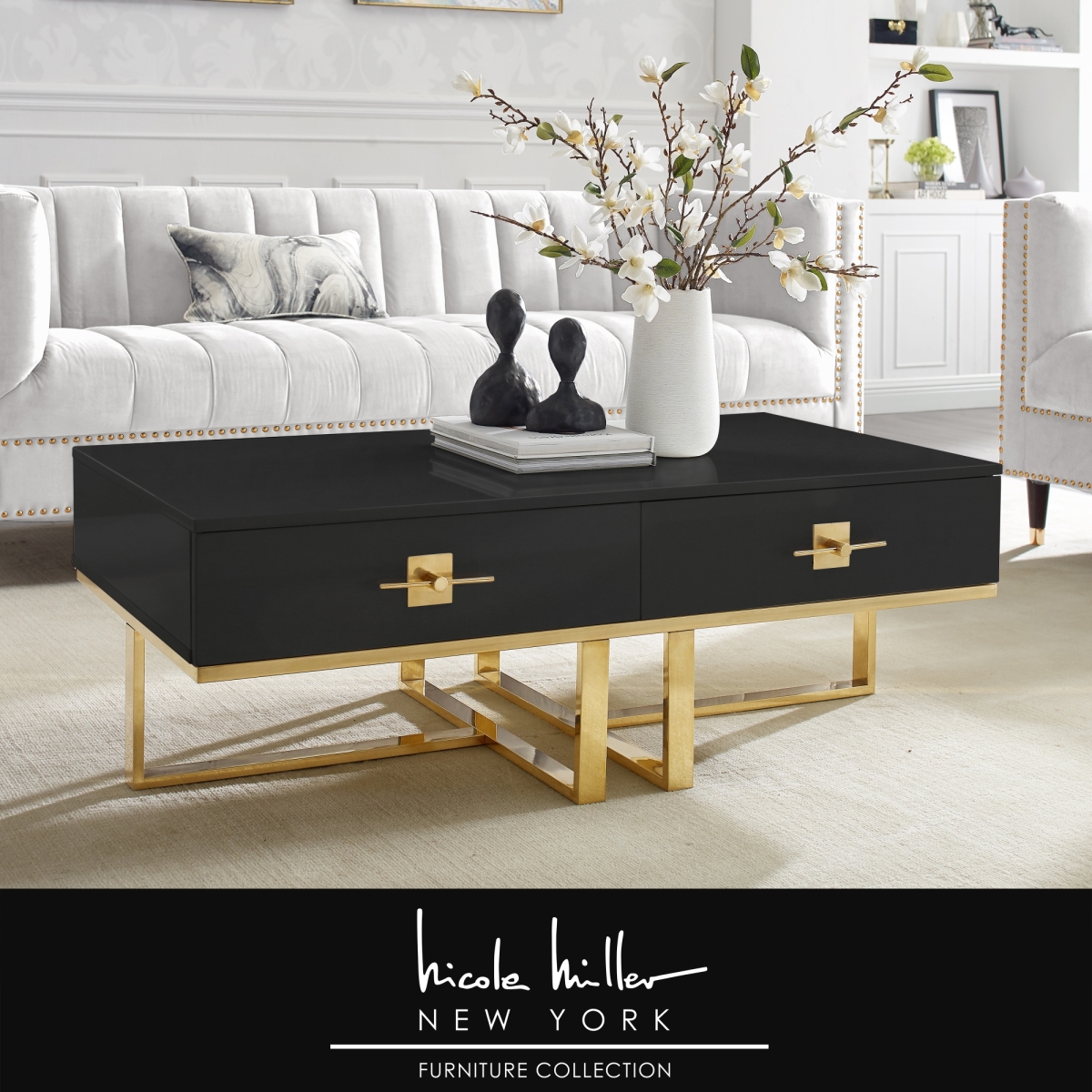 Picture of Nicole Miller NCT197-09BK-UE 47.2 x 23.5 x 15.5 in. Mano Coffee Table&#44; Black & Gold
