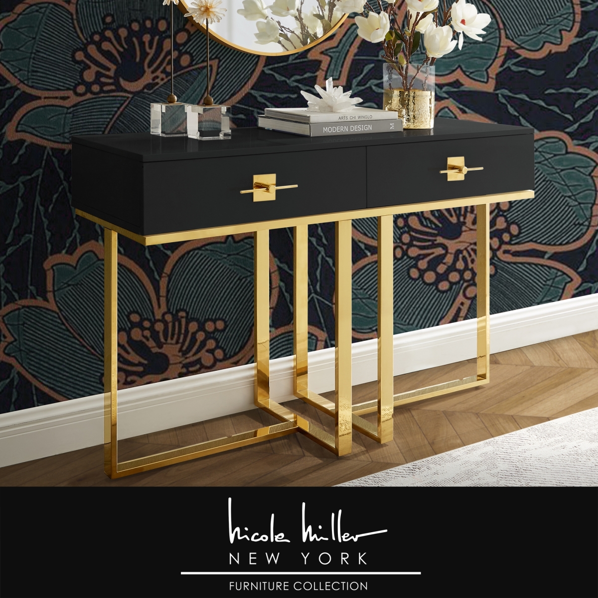 Picture of Nicole Miller NCE197-09BK-UE 42.7 x 15.4 x 29.7 in. Mano Console Table&#44; Black & Gold
