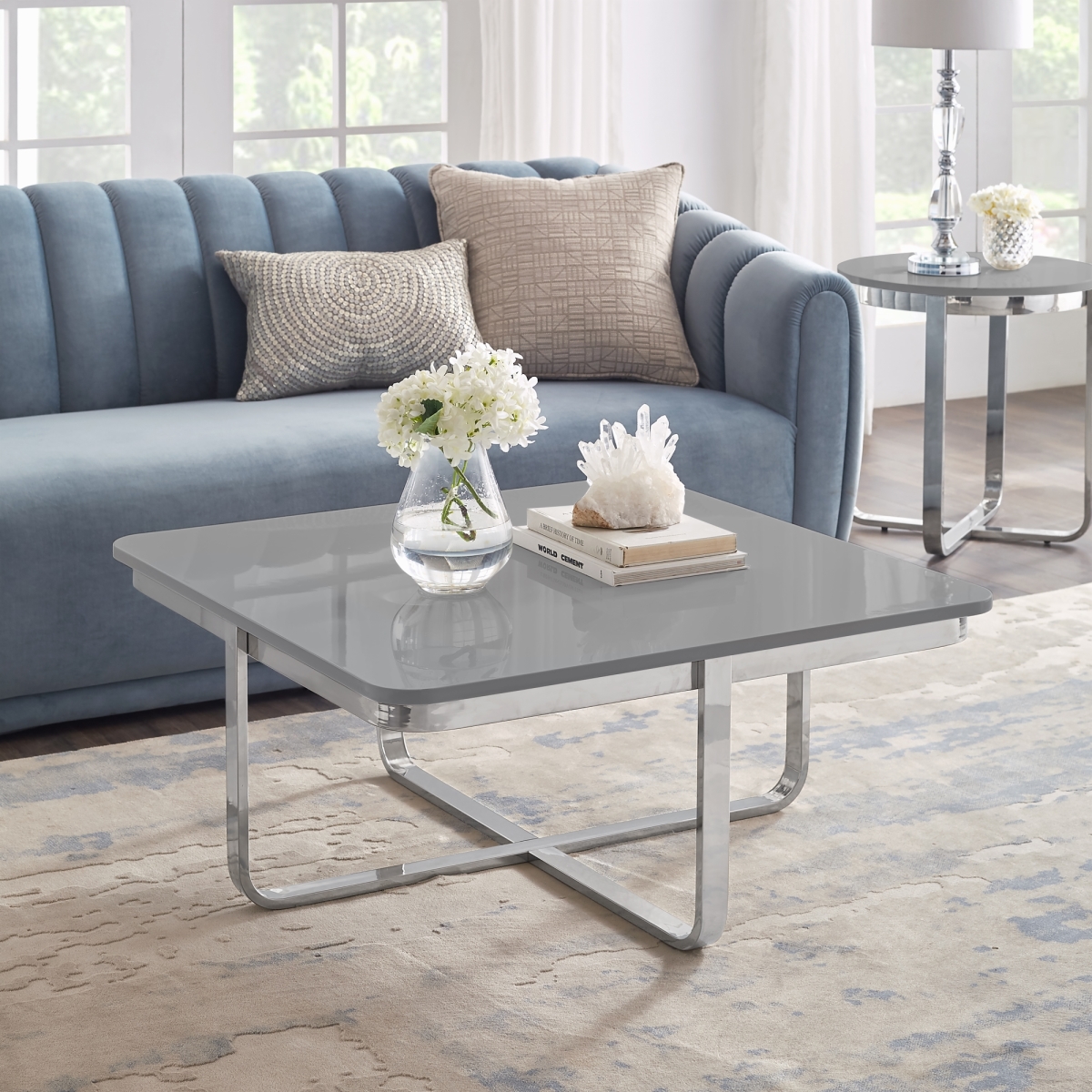 35.4 x 35.4 x 15.6 in. Kaloni Coffee Table with High Gloss Lacquer, Light Grey & Chrome