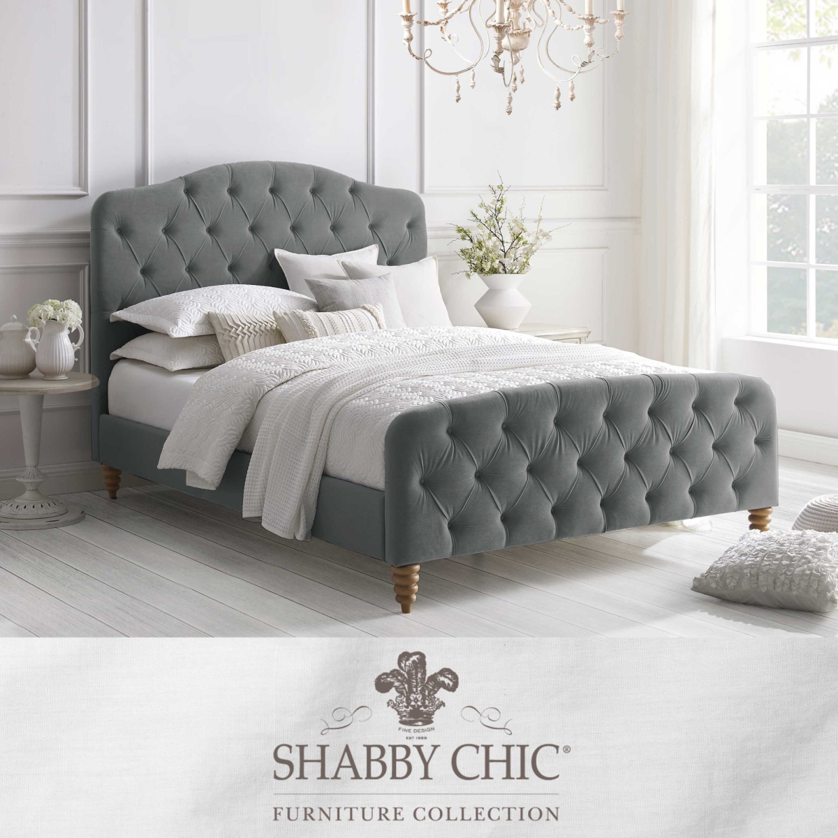 Picture of Rustic Manor SBD255-03GRT-UE Boucher Velvet Twin Bedframe with Tufted Headboard and Footboard - Grey