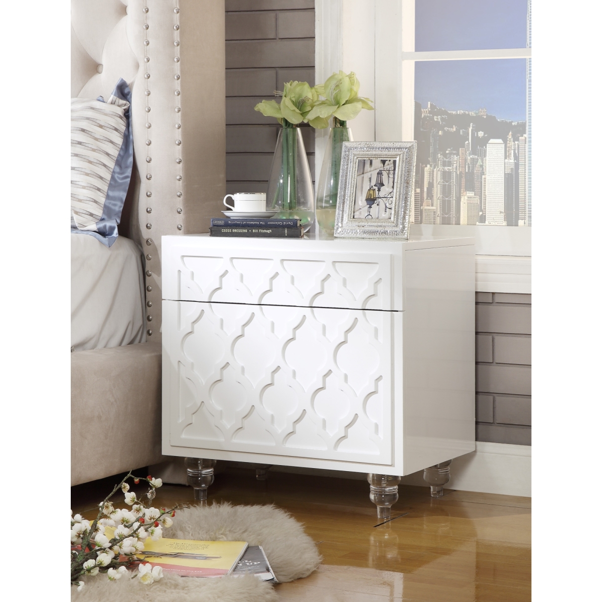 Lydia MDF Wood  Modern Trellis Lacquer Lucite Leg Side Table  Accent Table & Nightstand - White