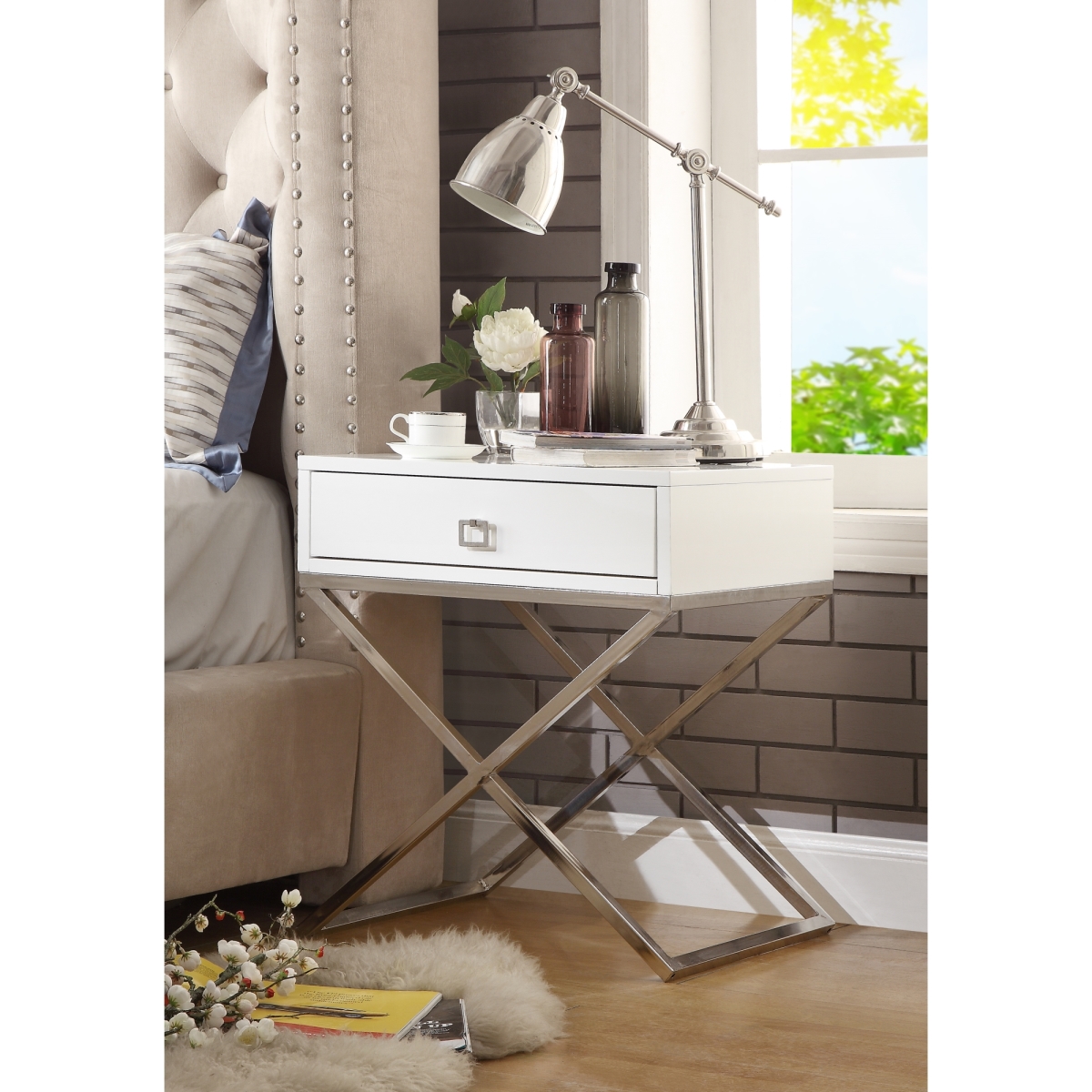 Brianna MDF Wood Modern Square Lacquer  Chrome X-Metal Leg Side Table  Accent Table & Nightstand - White