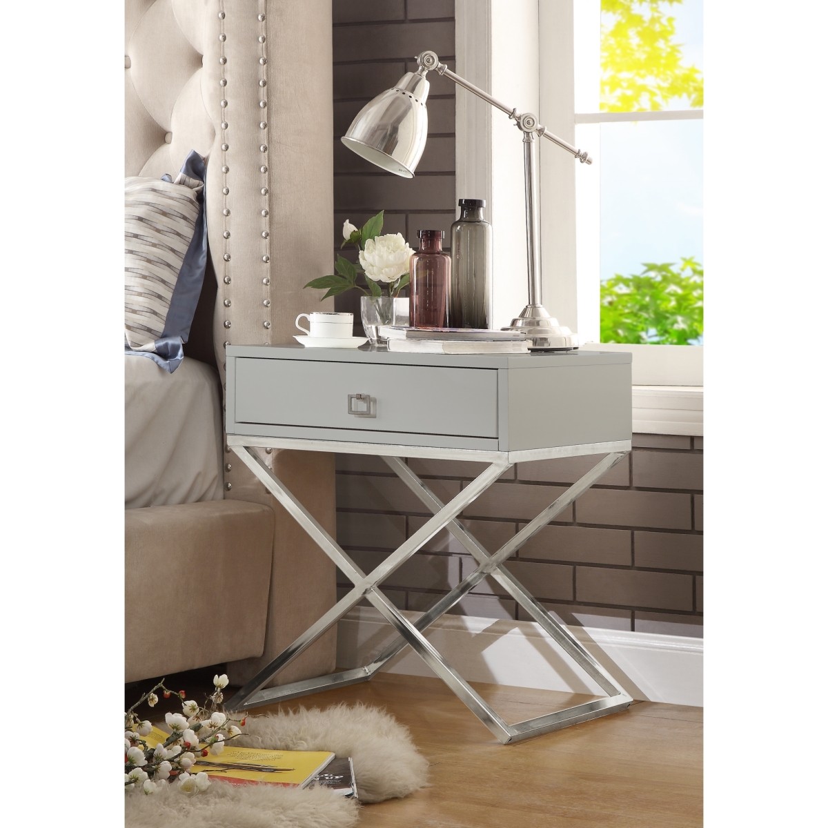 Brianna MDF Wood Modern Square Lacquer  Chrome X-Metal Leg Side Table  Accent Table & Nightstand - Light Grey