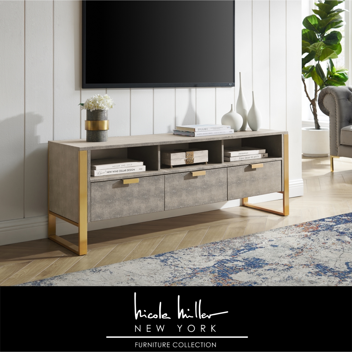 Picture of Posh Living NTV407-01WG-UE Posh Living Abdiel Faux Shagreen TV Stand with Gold Base, Cream White