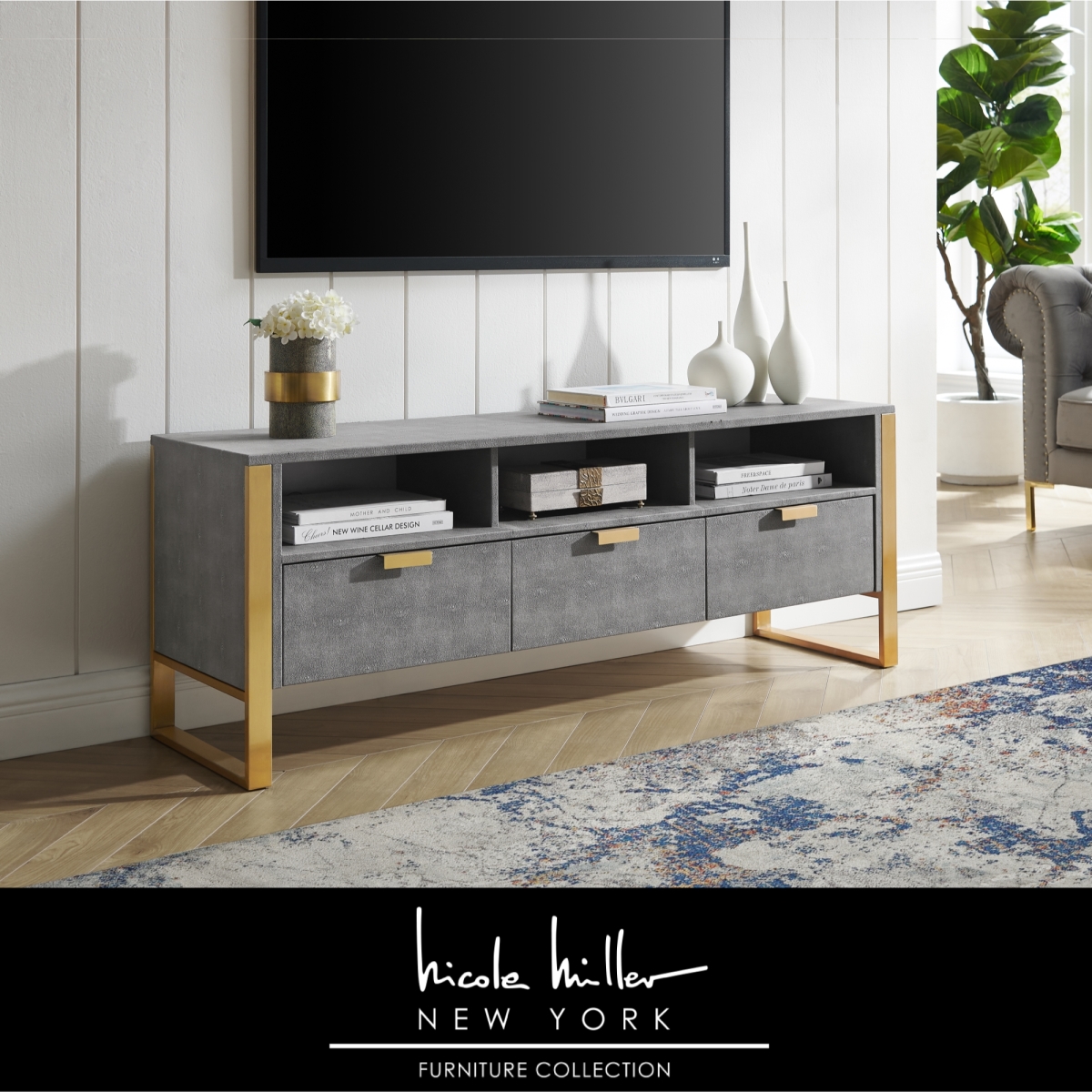 Picture of Posh Living NTV407-01GG-UE Posh Living Abdiel Faux Shagreen TV Stand with Gold Base, Grey