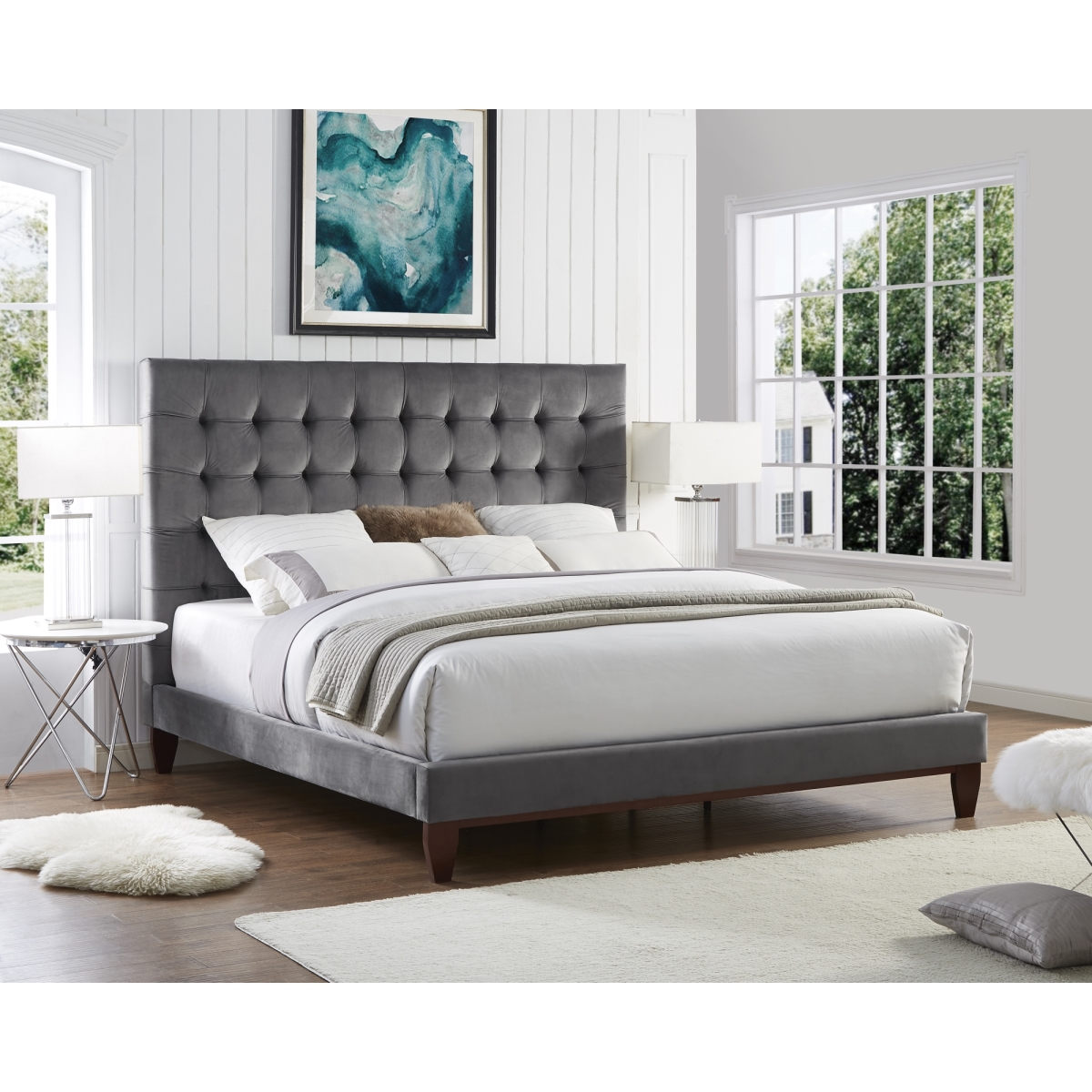 Blake Velvet Button Tufted Platform Bed King Size - Grey