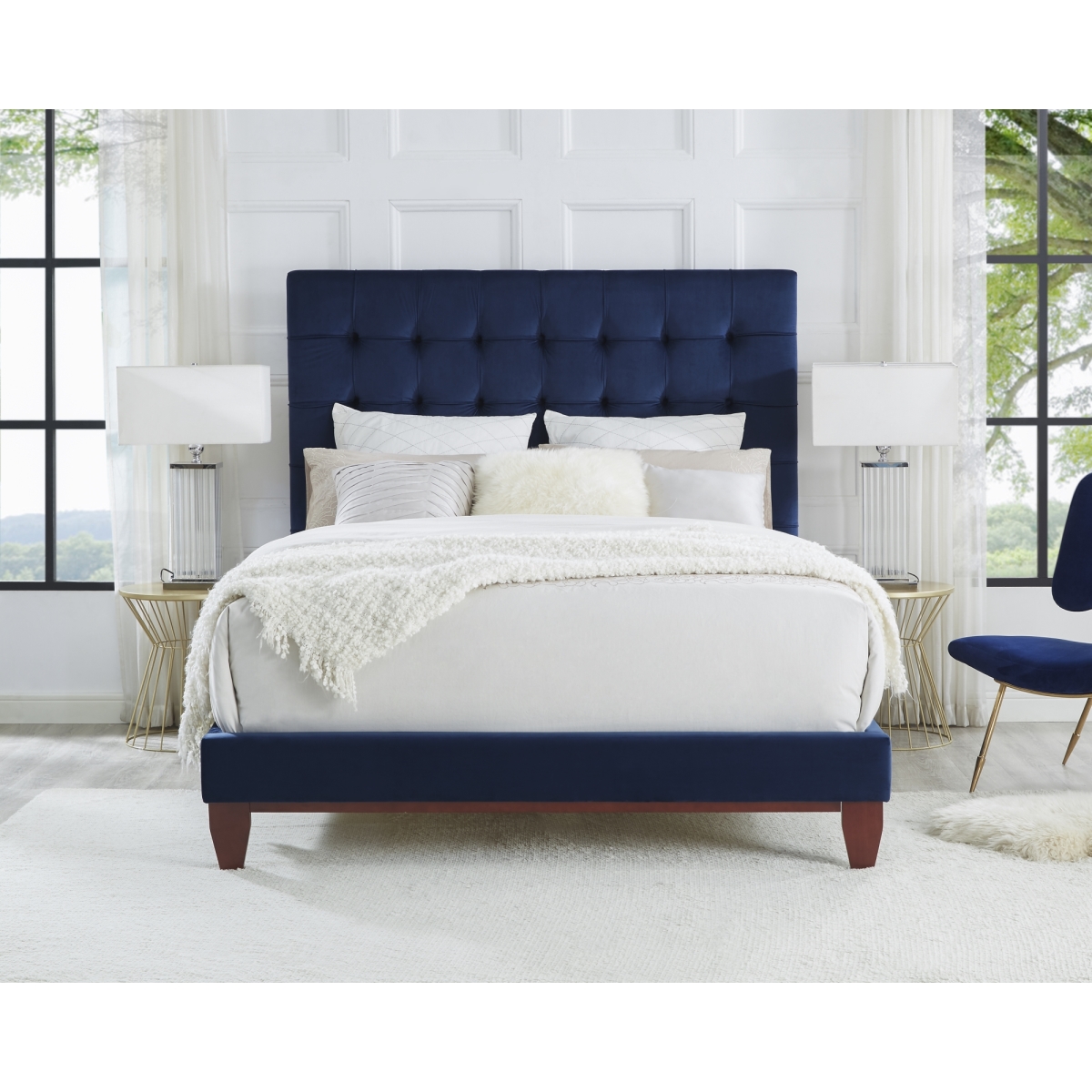 Blake Velvet Button Tufted Platform Bed King Size - Navy
