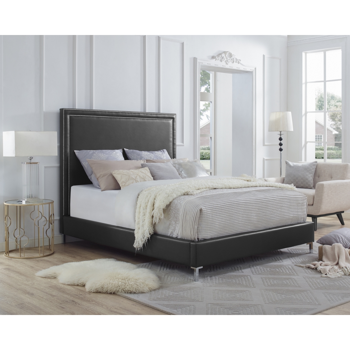 Tristan PU Leather Nailhead Trim Platform Bed Queen Size - Black