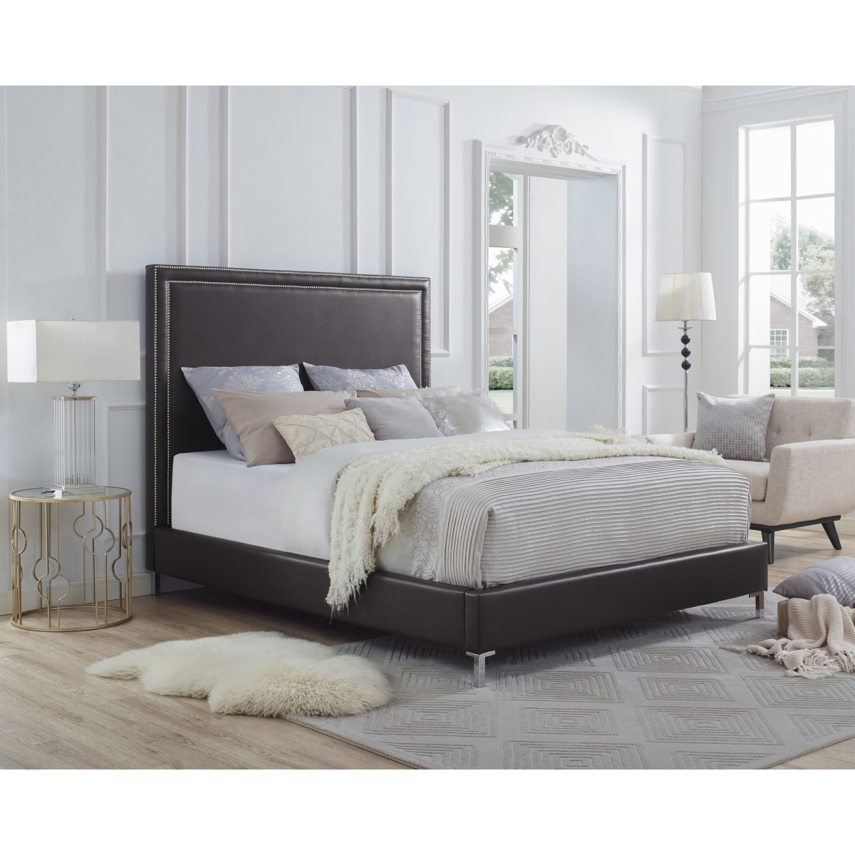 Tristan PU Leather Nailhead Trim Platform Bed King Size - Espresso