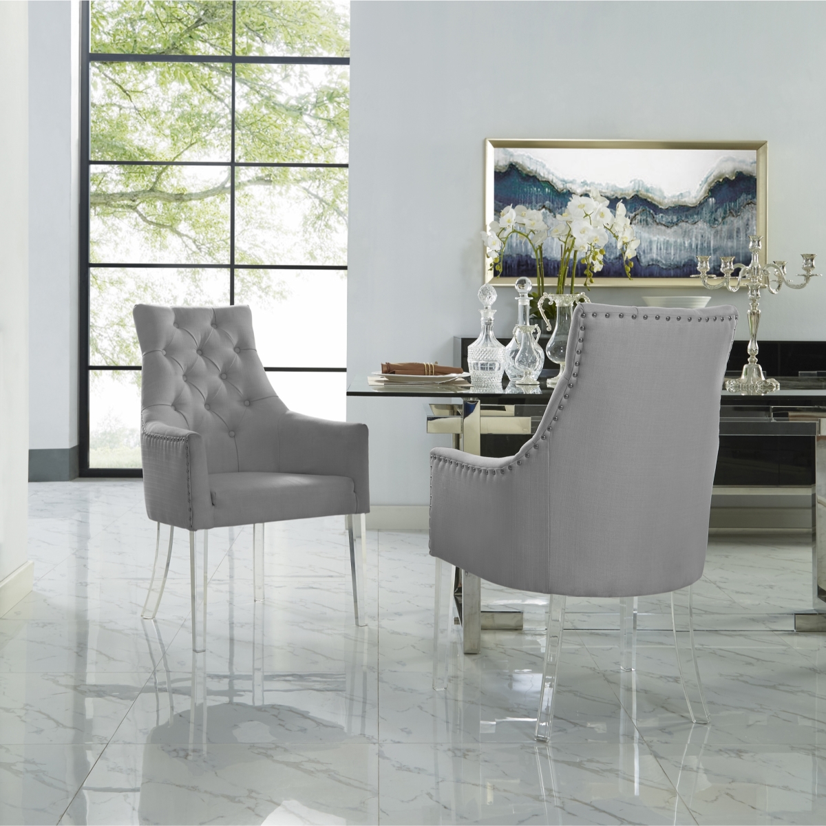 Colton Linen Acrylic Leg Dining Chair, Light Grey - Set of 2