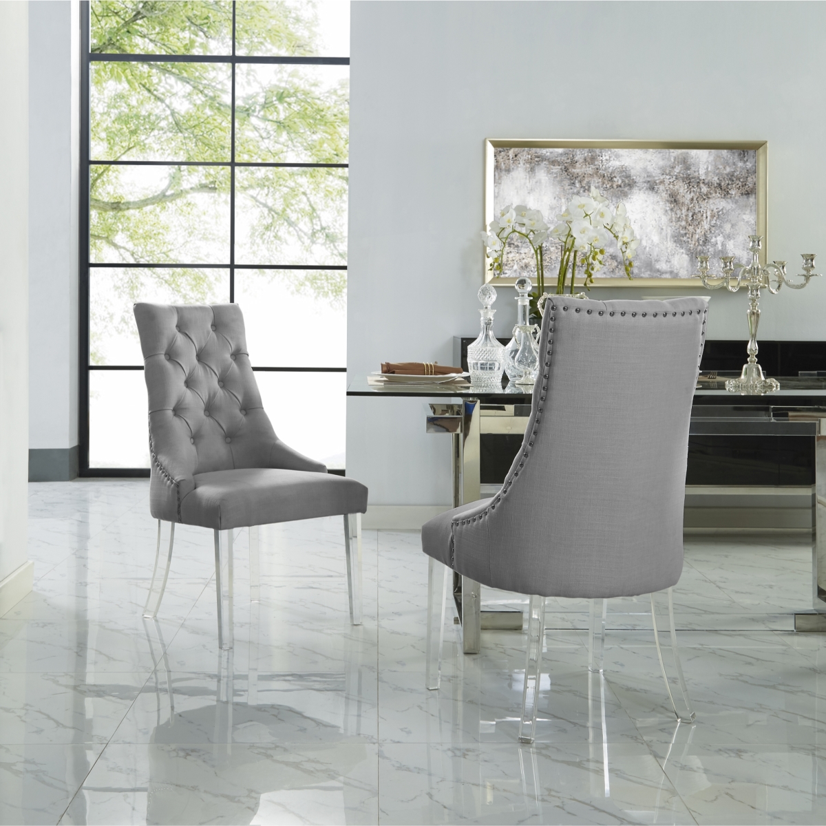 Picture of Posh Living AD53-03LG2-UE Colton Linen Acrylic Leg Armless Dining Chair, Light Grey - Set of 2