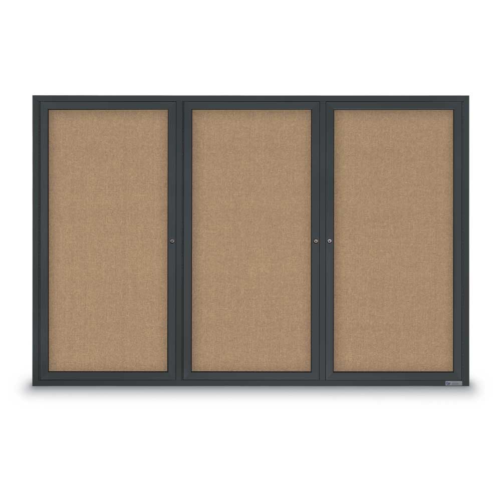 UV307-BLACK-BUFF 72 x 48 in. Triple Door Traditional Indoor Enclosed Corkboard with Buff Fabric Backing Board & Black Anodized Aluminum Frame -  United Visual Products
