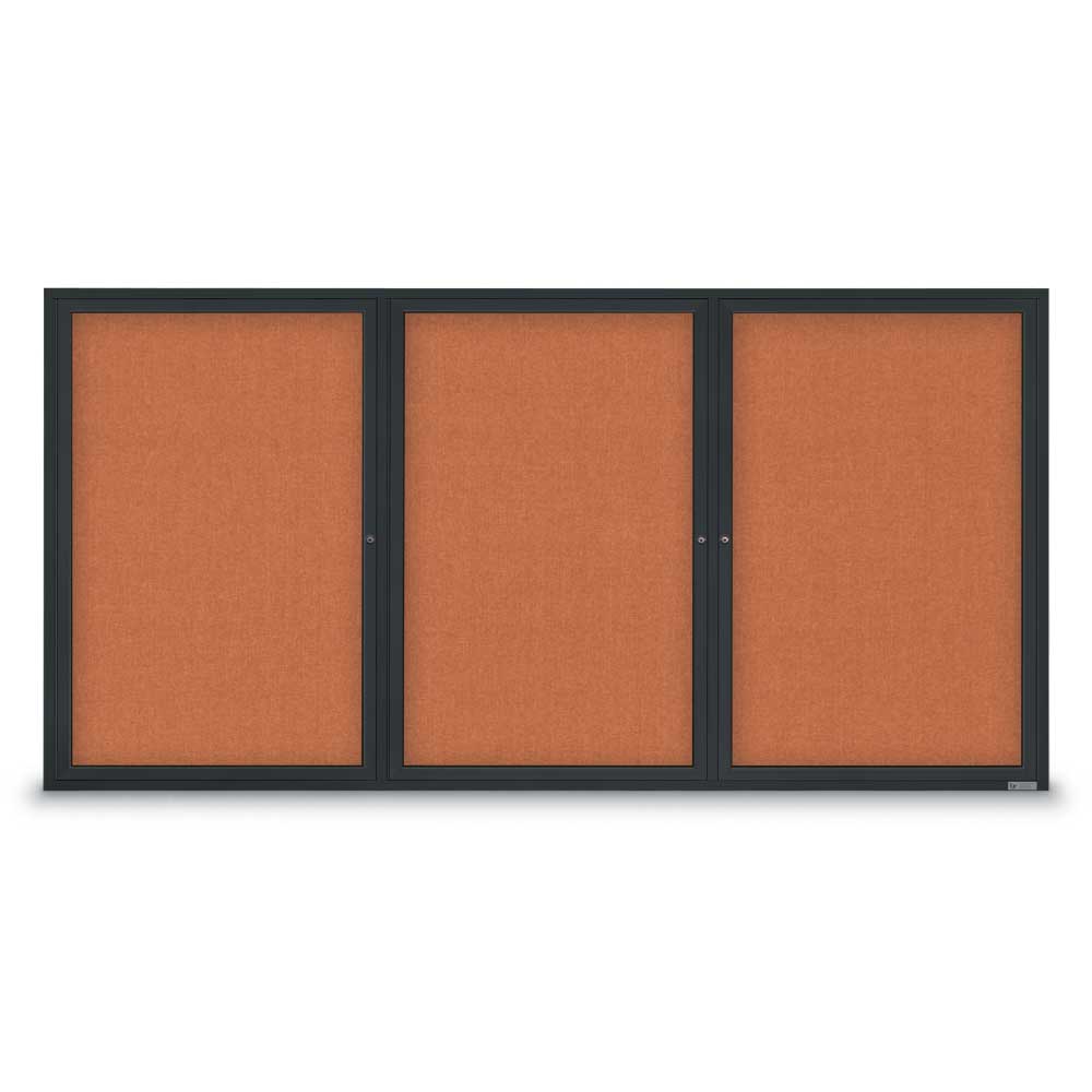 UV308-BLACK-APRICOT 96 x 48 in. Triple Door Traditional Indoor Enclosed Corkboard with Apricot Fabric Backing Board & Black Anodized Aluminum Frame -  United Visual Products