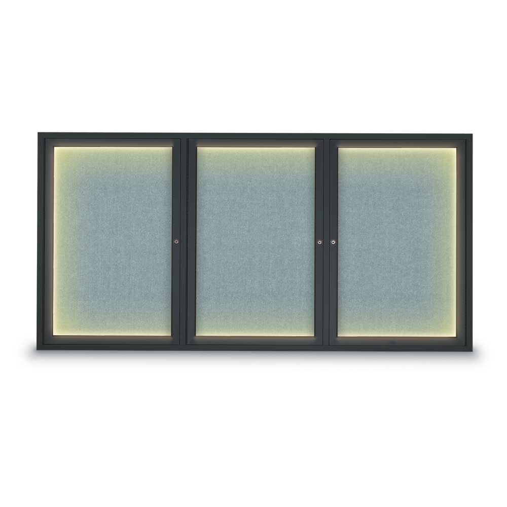 72 x 36 in. Triple Door Traditional Indoor with Illumination Enclosed Corkboard with Cloud Fabric Backing Board & Black Anodized Aluminum Frame -  United Visual Products, UV318I-BLACK-CLOUD