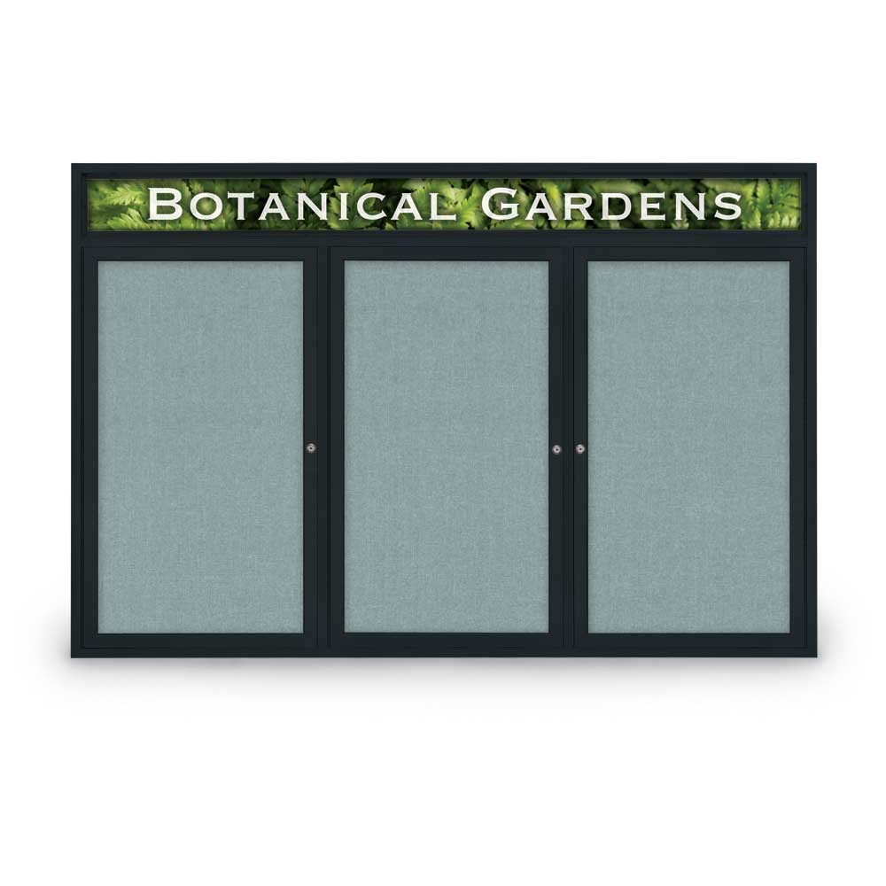 72 x 48 in. Triple Door Traditional Indoor Enclosed Corkboard with Header, Cloud Fabric Board & Backing Board & Black Anodized Aluminum Frame -  United Visual Products, UV334H-BLACK-CLOUD
