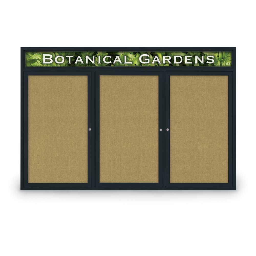 72 x 48 in. Triple Door Traditional Indoor Enclosed Corkboard with Header, Keylime Fabric Board & Backing Board & Black Anodized Aluminum Frame -  United Visual Products, UV334H-BLACK-KEYLIME
