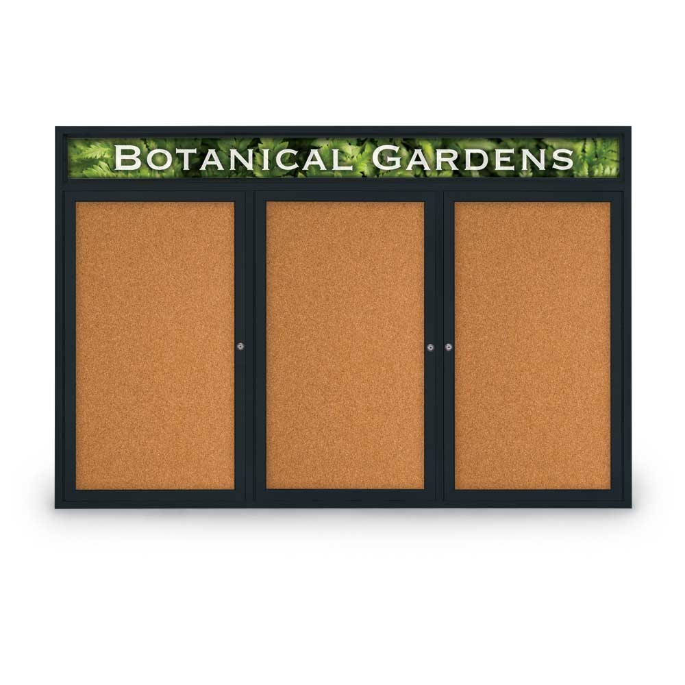 72 x 48 in. Triple Door Traditional Indoor Enclosed Corkboard with Header, Cork Board & Backing Board & Black Anodized Aluminum Frame -  United Visual Products, UV334H-BLACK-CORK