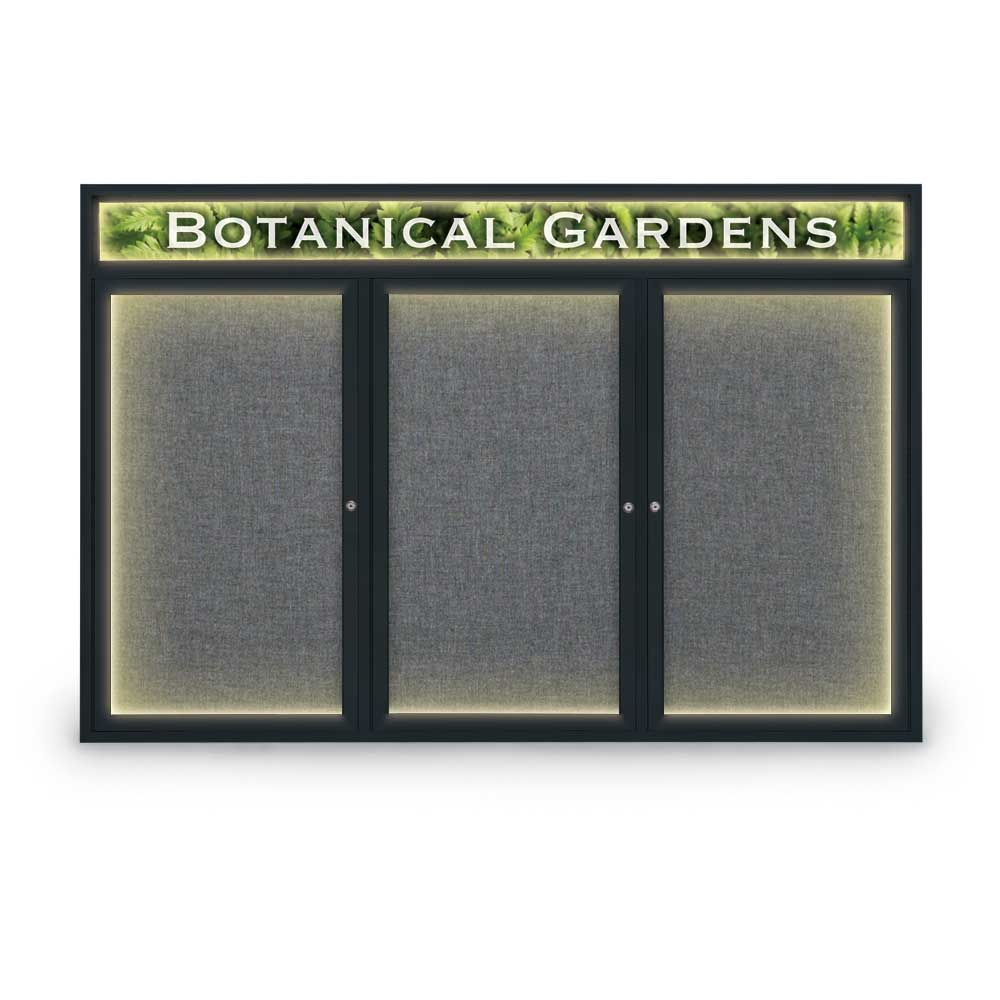 72 x 48 in. Triple Door Traditional Indoor with Header & Illumination Enclosed Corkboard with Medium Grey Fabric & Black Anodized Aluminum Frame -  United Visual Products, UV354HI-BLACK-MEDGRY