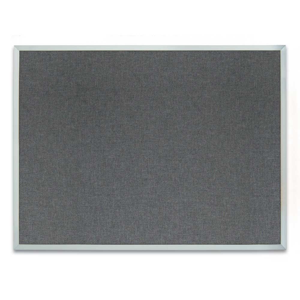 Satin aluminum framed corkboard with Medium Grey fabric 24' x 18'