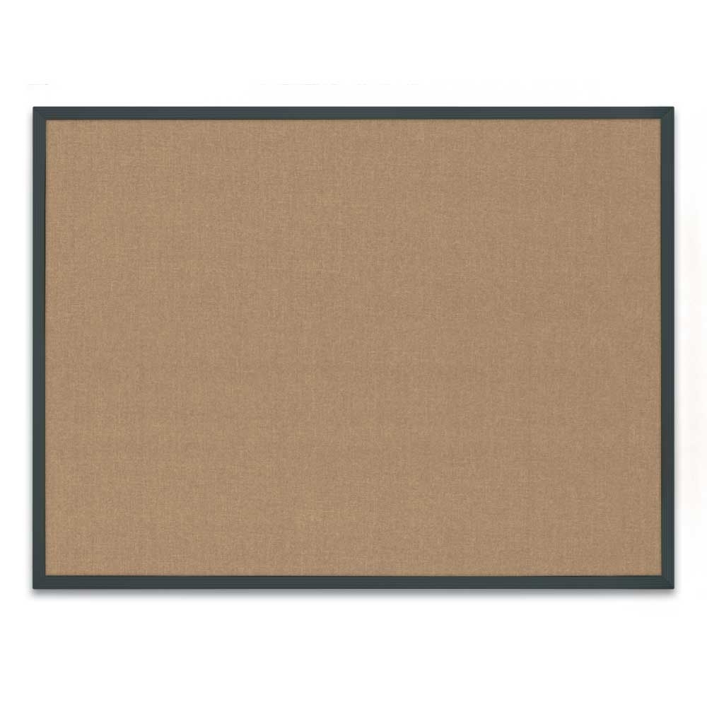 Black aluminum framed corkboard with Buff fabric 24' x 18'