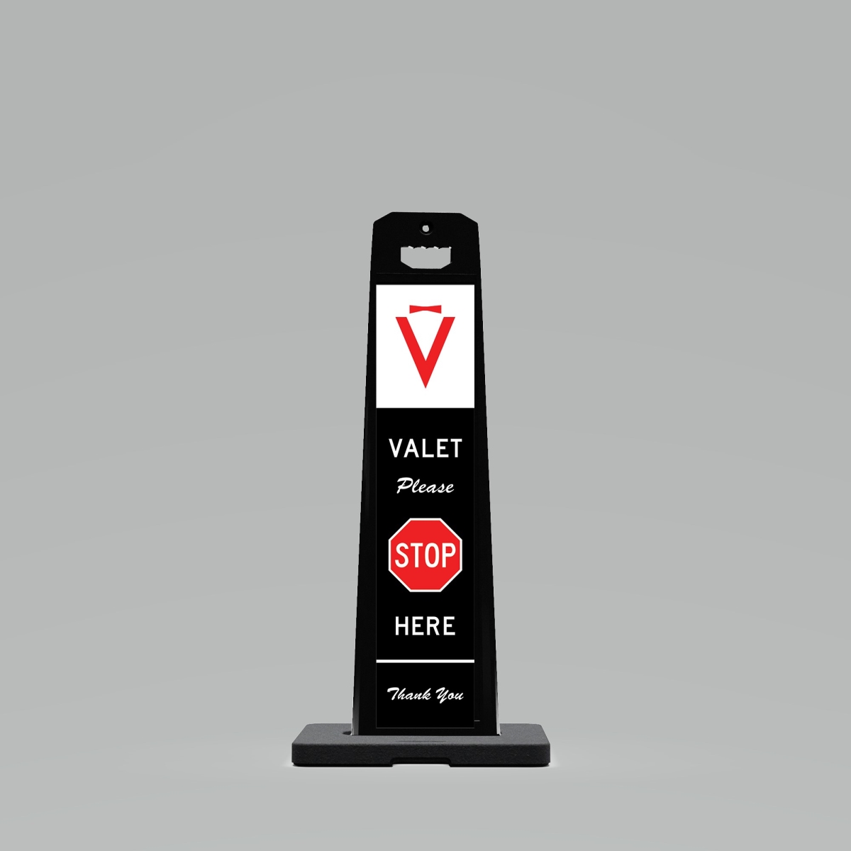UV4109-BK-PRK7 Outdoor Standing Panel sign with 9 lbs. weighted Base with VALET PLEASE STOP HERE on two sides Black Background.