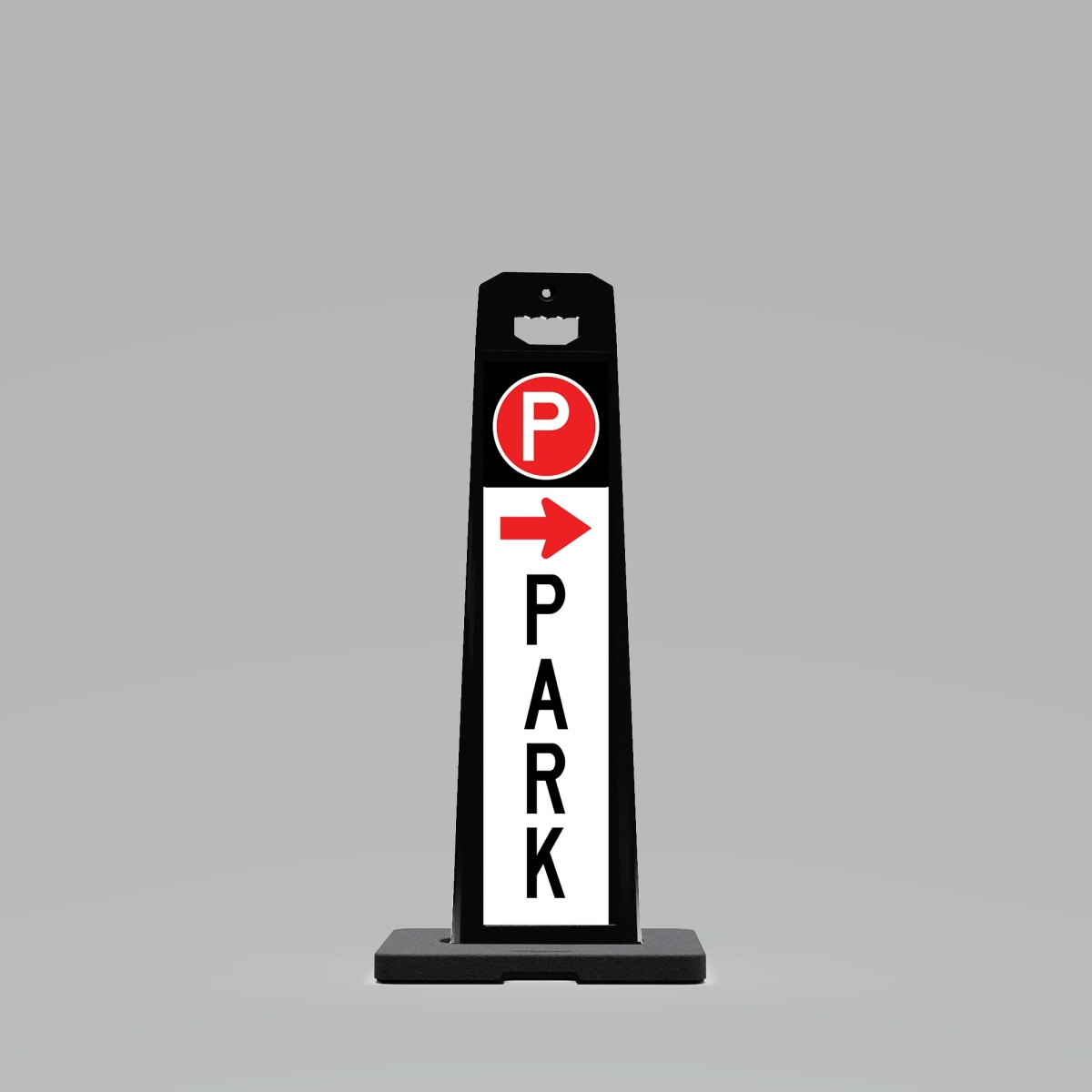 UV4120-BK-PRK4 Outdoor Standing Panel sign with 20lbs. weighted Base with PARK Right Arrow on one side and PARK Left Arrow on other side.