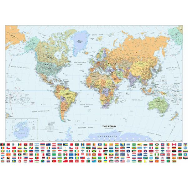 Picture of GeoNova gn-classic-flags-world-roller Classroom Pull Down Classic World Wall Map with Flags