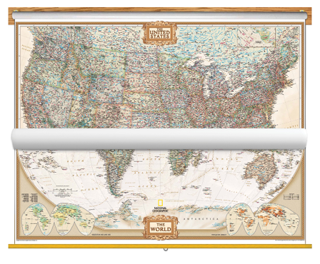 Picture of Natgeo ng-antique-usa-world-bundle Antique Tones US & World Map - Classroom Pull Down - 2 Map Bundle