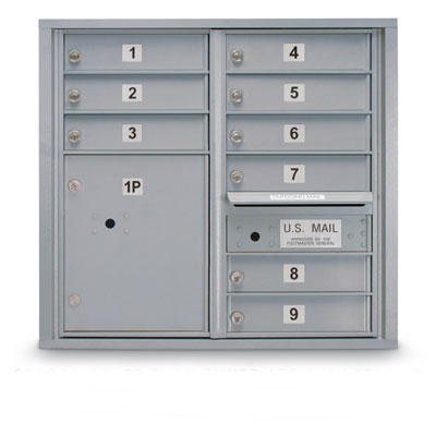 postalproducts N1029451SLVR 9 Door Standard 4C Mailbox with 1 Parcel Locker, 28.5" Height, 31.5" Width, Silver